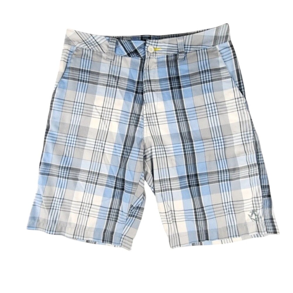 Rusty Shorts Mens 34 Blue Plaid Chino Microfiber Flat Front Golf Casual Summer